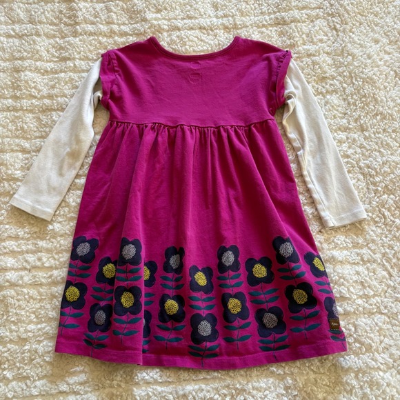 Tea Collection Girls Magenta Pink Floral Layered Long Sleeve Cotton Dress Size 5 - Picture 6 of 6